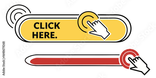 Illustration of two click here buttons with hand cursor isolated on white background