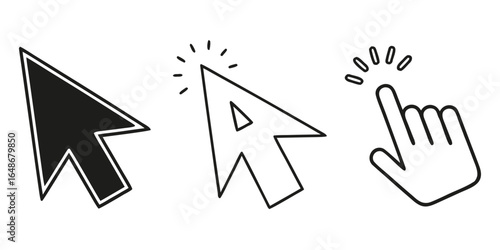 Illustration of various cursor icons, including arrow and hand pointers, used for clicking and selecting on a screen isolated on white background