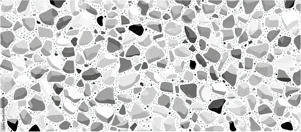 Abstract pattern of irregular, fragmented stones in shades of gray, white, and black