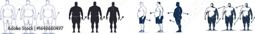 As a corpulent man loses weight, his likeness evolves into a minimalist line drawing of a slender person positioned on a pristine white background