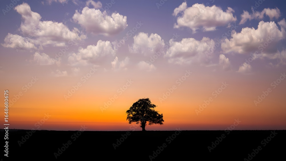 Obraz premium Serene Sunset Silhouette: Lone Tree in Peaceful Orange and Purple Sky