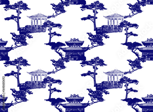 Chinoiserie Inspired Toile de Jouy seamless pattern with Asian vibes. Traditional porcelain background with pines and pagodas.