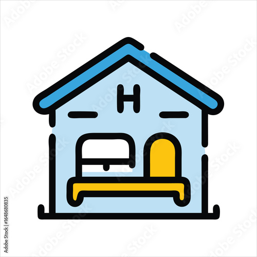 A clean vector outline icon of a hostel. The outline is dark blue, showing a building with a bed symbol on the roof. White background.