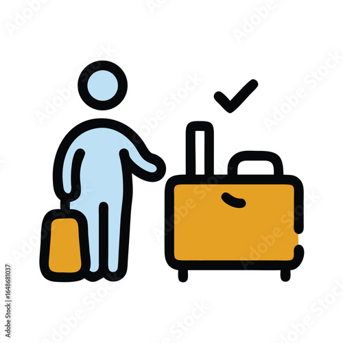 Person with a Suitcase at a Counter Outline Vector Icon on White Background

