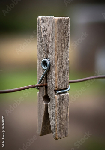 Rustic wooden clothespin clamped on a wire outdoors