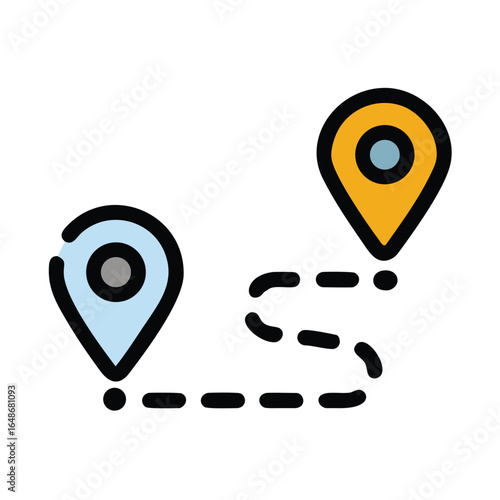 Two Location Pins Connected by a Dotted Line Outline Vector Icon on White Background