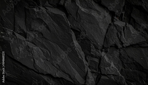 A close-up image of dark, textured rock surfaces, showcasing intricate patterns and layers in a monochromatic color scheme.