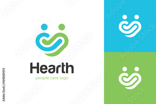 People Care Logo Design with Abstract Human Figures and Heart Shape Concept for Community, Health, and Charity Branding, vector graphic illustration