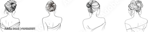 A young woman with her face turned away is the subject of a modern single line drawing on an isolated white background
