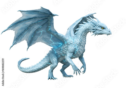 fantasy ice dragon with glowing eyes and icy scales soaring through dark sky detailed illustration