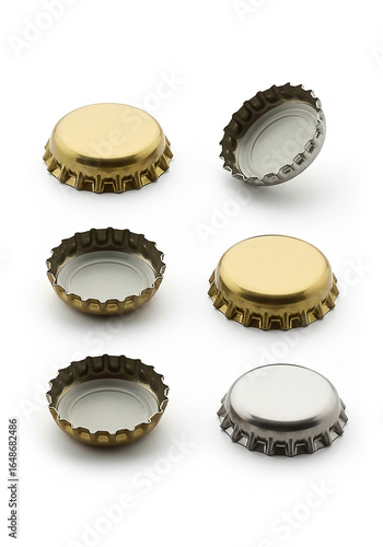 Collection of six metal bottle caps on white background