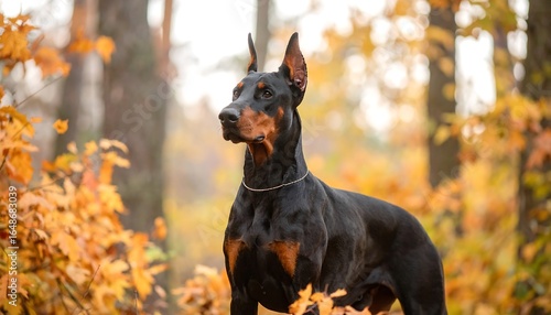Majestic Doberman Pinscher in Autumnal Woods