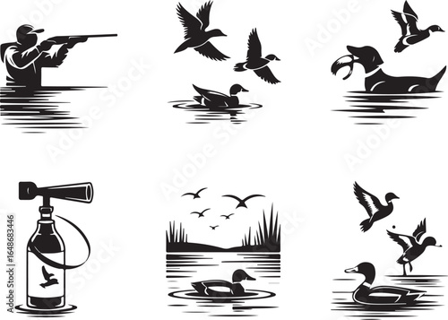 Duck hunting scenes with sportsman, dog, and decoys