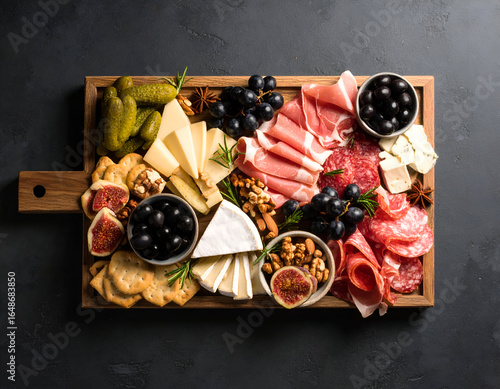 A gourmet charcuterie board with an assortment of cured meats, artisan cheeses, olives, pickles, and fresh fruit, beautifully arranged and viewed from above.