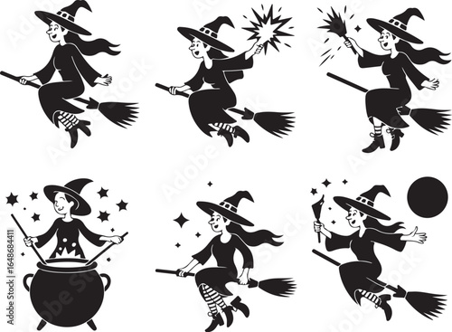 Charming witches on brooms casting spells, Halloween magic