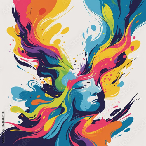 Abstract illustration of a woman's mind exploding with colorful creativity and ideas