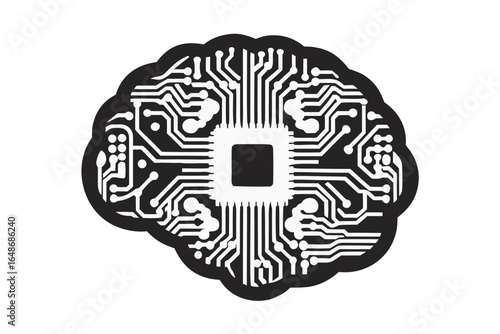 Black and White Circuit Board in Brain Shape on White Background, Technology Design