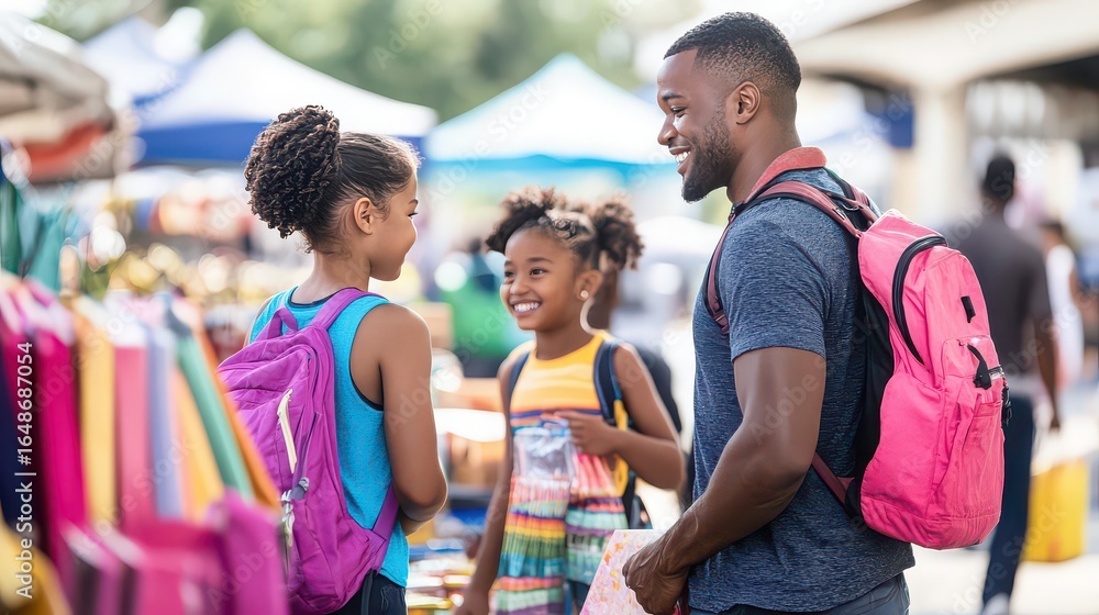 Obraz premium A father and two daughters at an outdoor market with backpacks and shopping bags smiling at each other