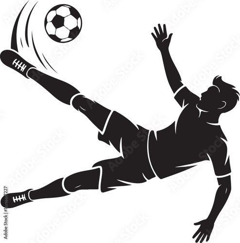 Dynamic soccer player executes bicycle kick with powerful motion