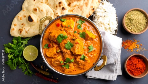 Indian butter chicken with naan and rice, rich curry texture, top-down view, spices and authentic presentation.