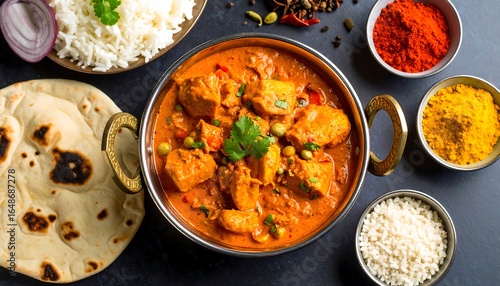 Indian butter chicken with naan and rice, rich curry texture, top-down view, spices and authentic presentation.