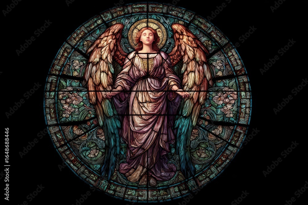 Obraz premium Gothic Stained Glass Depiction of an Archangel in a Majestic Church Window