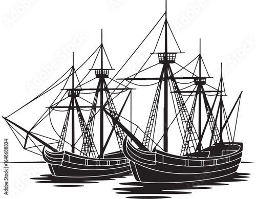 Vintage sailing ships navigate calm waters under sails