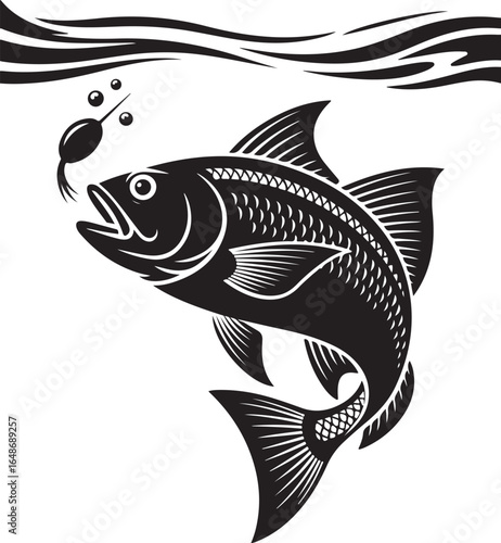 Dynamic fish lunges for bait beneath rippling water surface