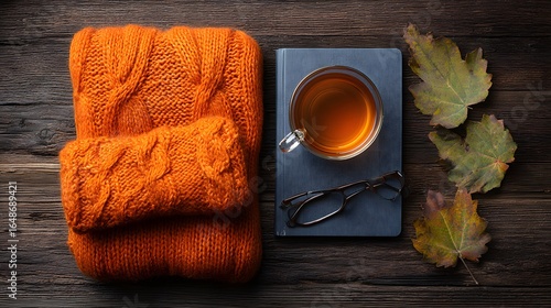 Orange knitted sweater, teacup, and autumn leaves on a wooden surface.