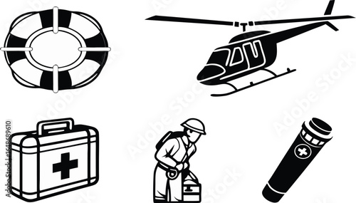 Illustration of a life preserver helicopter first aid kit rescue worker and a medical supply tube icon set