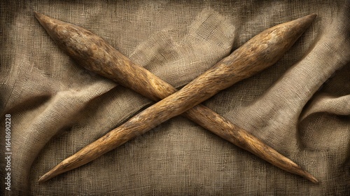 Two crossed wooden objects on a burlap background.