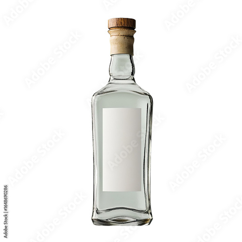 Front view of a tequila bottle with a tall, narrow design and a frosted glass texture, featuring a white blank label, studio shot, isolated on a white transparent background