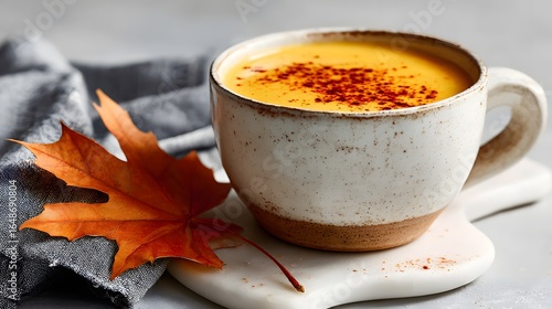 Warm autumnal beverage in a ceramic mug.