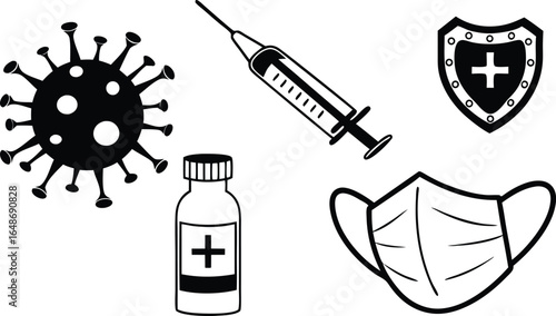 Black and white vector illustration of virus, syringe, medicine, shield, and face mask icons together