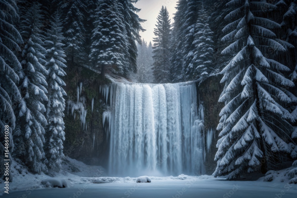 Naklejka premium Frozen waterfall in a snow covered forest