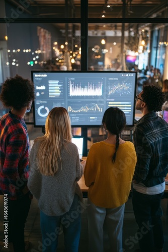 Team huddle around a large monitor AI highlights patterns in the company data They feel energized and collaborative, Generative AI