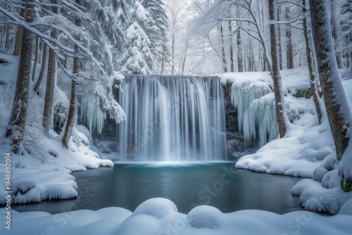 Enchanting frozen waterfall in a snowy forest wonderland