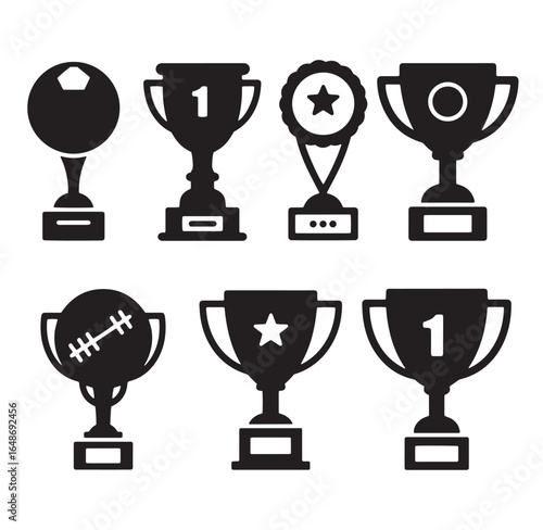 Collection of black and white sport award cups illustrations for champion and winner concepts