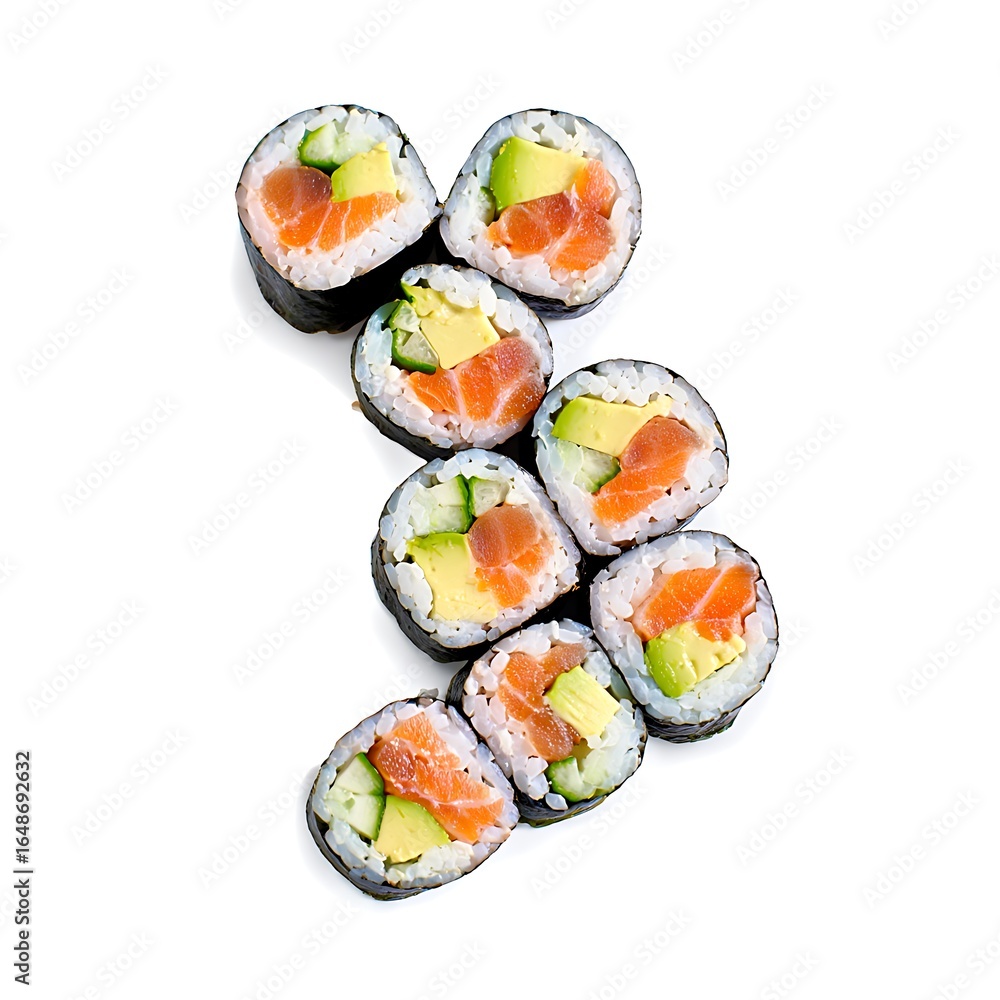 Fresh Sushi Rolls Salmon Avocado Cucumber White Background Fresh Sushi Rolls Salmon Avocado Cucumber White Background