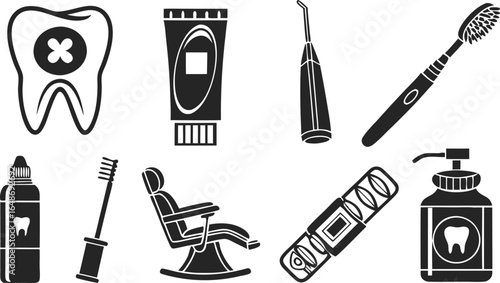 Collection of dental care items featuring a tooth, chair, and various hygiene products in black and white