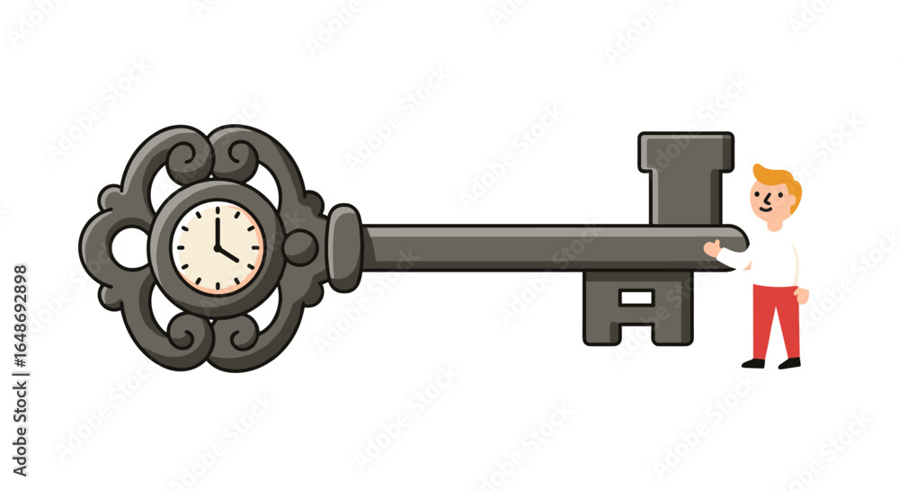 Fototapeta premium Ornate key with clock and male character illustration