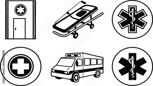 Illustrations of medical symbols ambulance door stretcher and cross in black and white outline style
