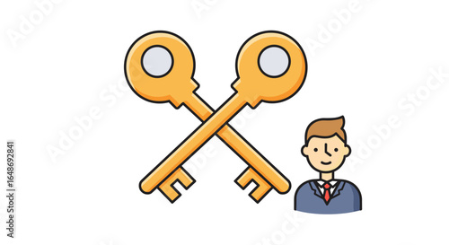 Two crossed gold keys with businessman illustration