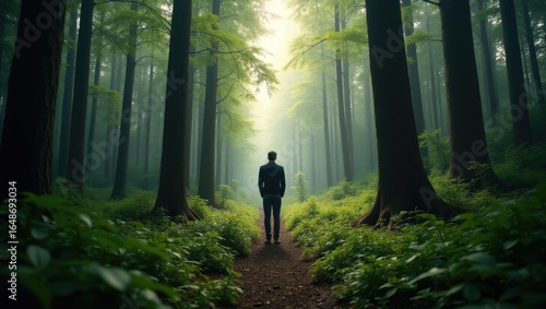 Person walking through a misty forest.