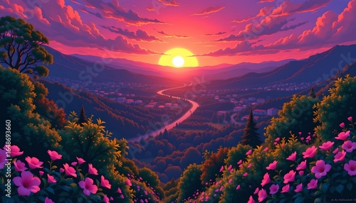 Romantic Sunset Vista with Cheerful Cartoon Style