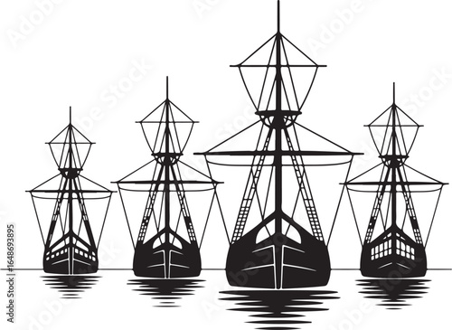 Four vintage sailing ships approach in the sea