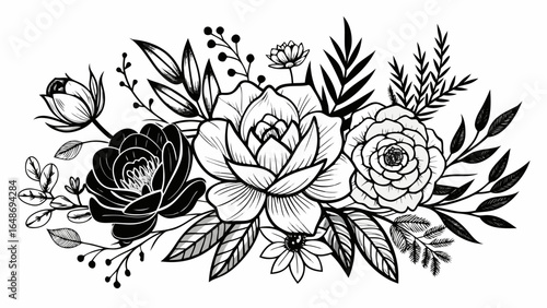 Floral arrangement featuring roses leaves and berries in a black and white drawing style image art