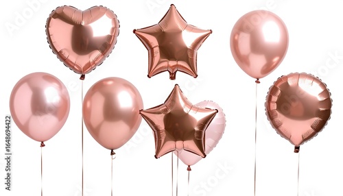 Rose Gold Balloons in Various Shapes Against a White Background