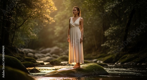 Woman in Flowing White Dress Standing on Mossy Rock in Sunlight