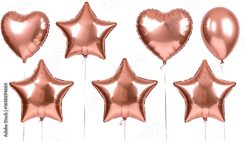 Rose Gold Balloons: Hearts, Stars, and a Round Balloon on White Background